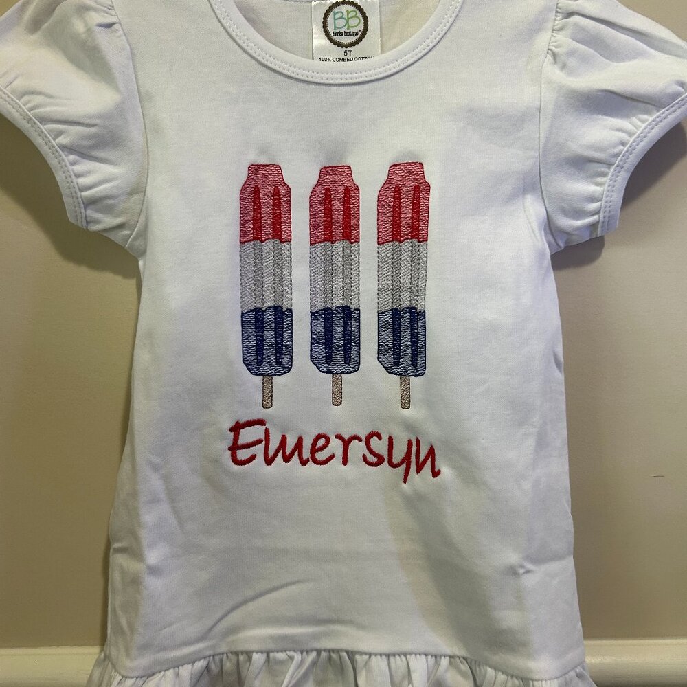 Patriotic Red, White & Blue Rocket Pop Embroidered Girl Shirt – Personalized wit